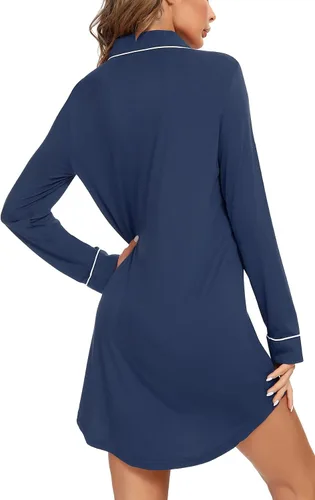 Vista 18 de Samring Camisón de pijama para mujer, manga corta/larga, con botones, camisón para dormir, camisón para novio, talla XXL