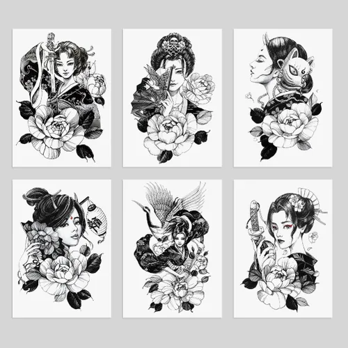 Vista 2 de 6 hojas de tatuajes temporales de geisha japonesa para adultos, calcomanías de tatuaje falsas de grúa de flores de geisha, arte corporal impermeable
