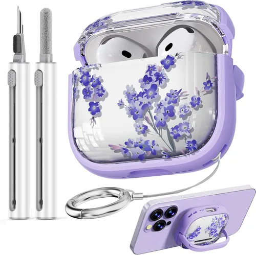 Vista 10 de Inesore Funda con bloqueo de seguridad para AirPods 4 2024, bonita funda floral para AirPod de 4ª generación para mujeres con kit limpiador