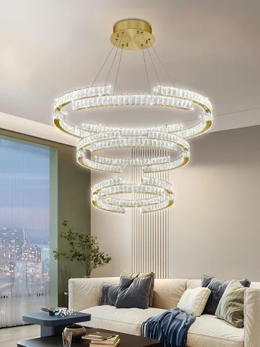 Vista 4 de D40''+D27.5''+D15.7'' Moderna lámpara de araña de oro de 3 anillos de cristal para sala de estar, luz colgante de cristal, entrada de vestíbulo Oro