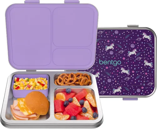 Vista 12 de Bentgo Kids Prints - Lonchera de acero inoxidable con 3 compartimentos Recipiente de silicona para niños de más de 3 años, duradero, sin olor