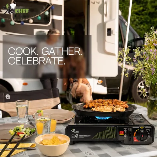 Vista 2 de Jo Chef - Estufa de butano para campamento, viajes por carretera y exteriores, estufa de gas portátil de 9,500 BTU con certificado CSA, incluye