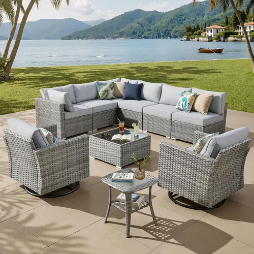 Vista 30 de ovios Juego de muebles de patio al aire libre de 5 piezas con mesa de café, conjunto seccional de muebles de patio con sofá de mimbre para todo tipo