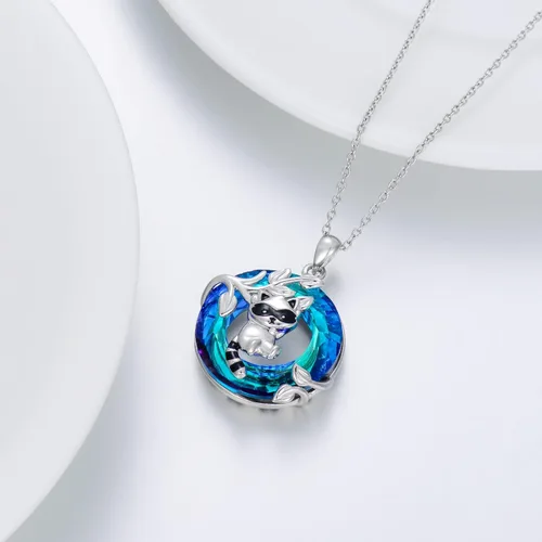 Vista 4 de LONAGO Collar de mapache con cristal azul de Australia, collar con colgante de mapache de plata de ley, regalo para mujer, Plata esterlina, Circonia