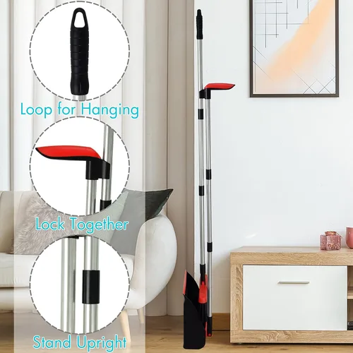 Vista 4 de Juego de 2 escobas y recogedor con mango largo de 48 pulgadas, color negro Stand Up Dustpan with Self-Cleaning Teeth and Long Handle Broom Set for