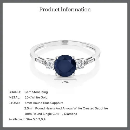 Vista 6 de Gem Stone King Anillo de compromiso de 3 piedras de oro blanco de 10 quilates con zafiro y zafiro blanco creado con 3 piedras para mujer