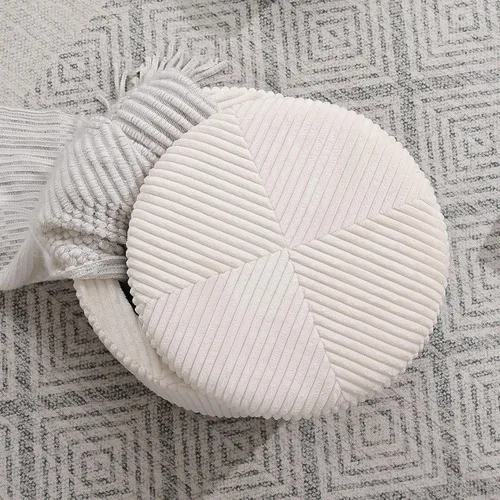 Vista 8 de Adeco Otomana redonda de almacenamiento, taburete tapizado para maquillaje, taburete de terciopelo para dormitorio, dormitorio beige