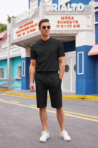 Vista 9 de COOFANDY Conjunto de 2 piezas de lino para hombre, camisas Henley casuales de manga corta, pantalones cortos de yoga para la playa, pantalones