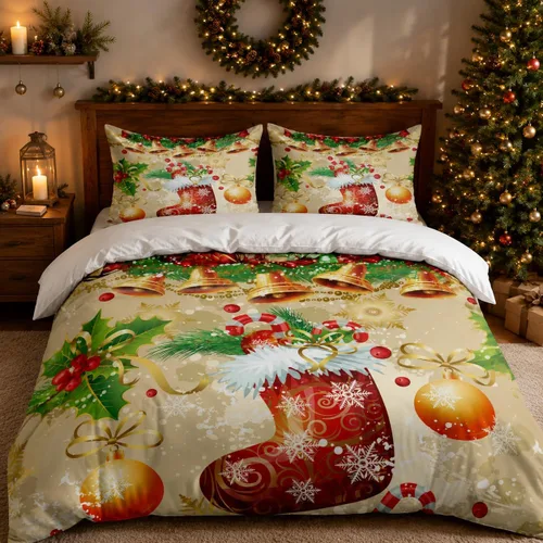 Vista 16 de Juego de funda de edredón de Navidad 3D, fundas de edredón y fundas de almohada con patrón de lazo rojo, juegos de ropa de cama de color pulido Chri