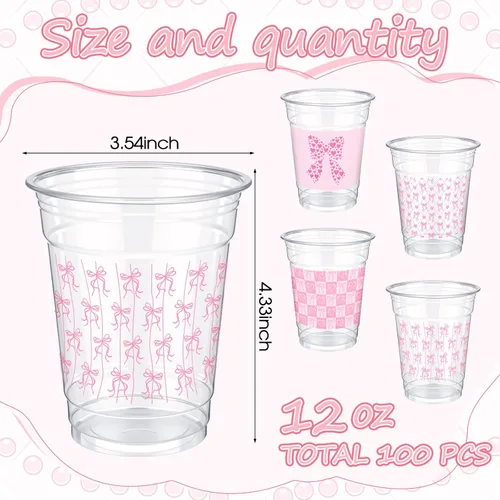 Vista 2 de Qinyoung 100 vasos de plástico con lazo rosa de 12 onzas, vasos desechables de coqueta, lazo rosa y corazón, vasos de plástico transparente