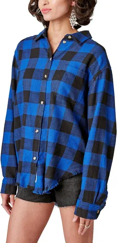 Vista 2 de Lucky Brand Camisa de manga larga de gran tamaño a cuadros desgastados para mujer