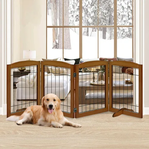 Vista 14 de LZRS Puerta plegable independiente de madera para perros de 2 paneles, madera maciza y alambre de acero, barrera para mascotas resistente a