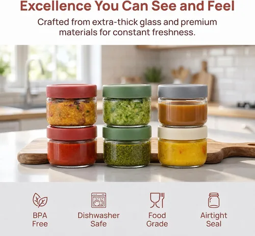 Vista 3 de EONJOE Recipientes de vidrio de 2 onzas para salsas, mini tarros de condimentos con tapas, accesorios para lonchera, paquete de 6 Airtight ,BPA