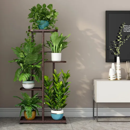 Vista 2 de LINZINAR Soporte de metal para plantas de 4 niveles y 5 macetas, estante múltiple para macetas para interiores y exteriores, unidad de estantería