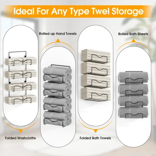Vista 6 de Toalleros para baño, toallero montado en la pared, soporte para toallas de 6 niveles enrolladas o dobladas con estantes flotantes, portotoallas