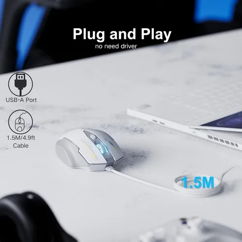 Vista 3 de Uineer Ratón con cable, ratón de computadora USB-A con 6 botones, ajustable Blanco