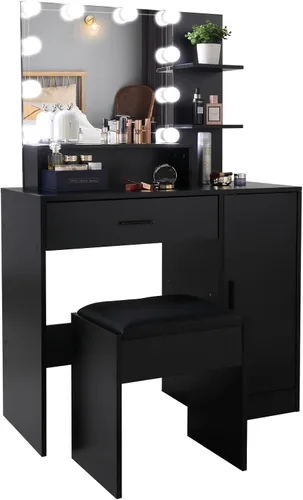 Vista 4 de Juego de tocador grande, mesa de maquillaje iluminada con taburete de tocador, tocador de maquillaje con luces, escritorio de maquillaje