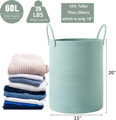 Vista 3 de 38x51 cm de alto cesta de lavandería de cuerda de algodón verde, cesta tejida para ropa y cobijas, almacenamiento en dormitorio, sala de estar