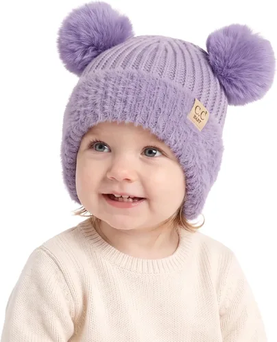 Vista 13 de C.C Gorro de Bebé con Doble Pompón de Piel con Orejeras para Niños y Niñas - Gorro de Punto Skully Cómodo, Suave y Cálido para Bebés, Niños Pequeños