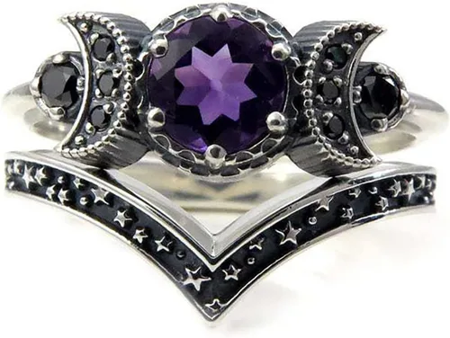 Vista 7 de Anillo Dios de triple luna, anillo de amatista roja, regalos de joyería para mujeres y niñas, fases lunares, bohemio, gitano, joyería de festival