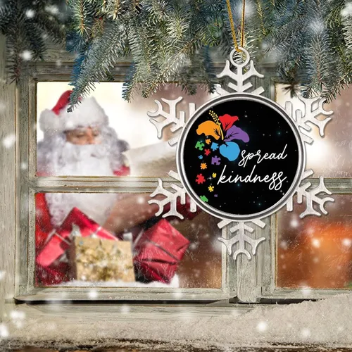 Vista 6 de Adornos para árbol de Navidad – Difunde flores para autismo y decoraciones navideñas de copo de nieve – Recuerdo de metal para el nuevo hogar