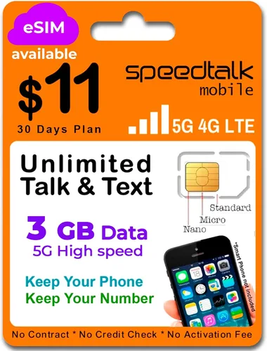 Vista 10 de SpeedTalk Mobile Kit de tarjeta SIM universal para teléfonos inteligentes iOS Android 5G 4G LTE Habla, texto y datos Tarjeta SIM triple corte 3