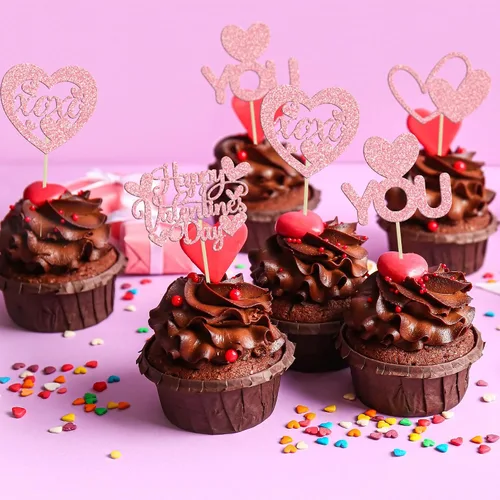 Vista 68 de Ephlyn 24 adornos para cupcakes con purpurina para el día de San Valentín, dulce amor, corazón, día de San Valentín, decoración para cupcakes