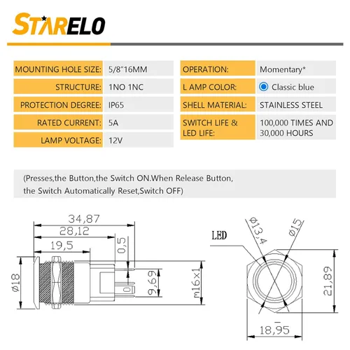 Vista 2 de STARELO 5 piezas 16 mm interruptor de botón de presión LED momentáneo, carcasa plateada, interruptor de botón de presión impermeable IP65, 1NO 1NC