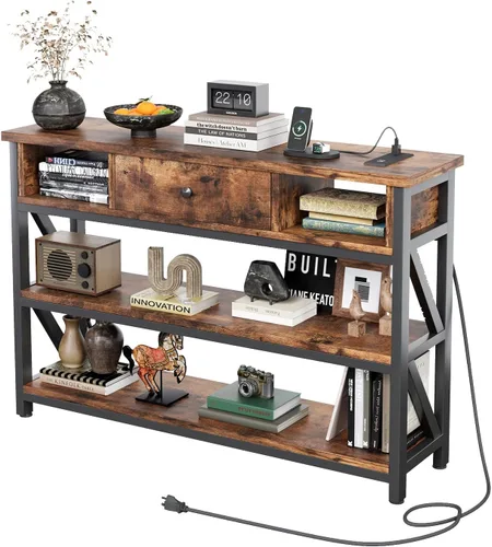Vista 11 de Mexin Mesa de sofá consola de 39 pulgadas con cajón, mesa de entrada con estantes de almacenamiento, mesa de pasillo de madera industrial para sala