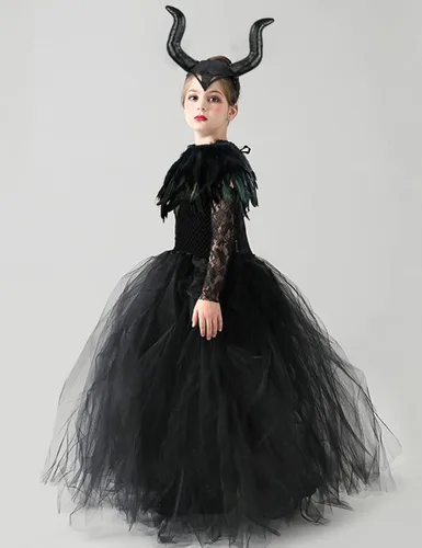 Vista 8 de L'VOW Vestido de princesa con encaje y tutú de tul para Halloween con cuernos de maléfica, capa de plumas