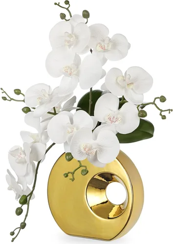 Vista 12 de Briful Flores de orquídea artificiales en jarrón de cerámica moderna de 40 cm de altura, arreglo de orquídea azul falsa de seda, flor de orquídea