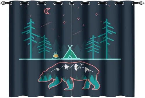 Vista 10 de Cortinas abstractas con estampado de cámper de caricaturas, divertido tema de aventura, campamento, montañas, vida silvestre, oso, tratamiento