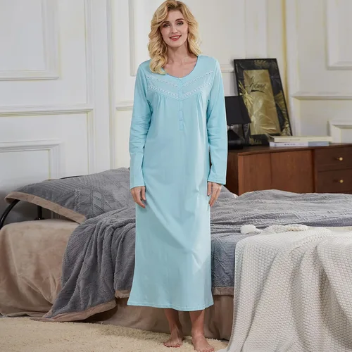 Vista 8 de Keyocean Elegantes camisones para mujer, suaves, 100% algodón, cómodos, ligeros, de manga larga, vestidos de casa para mujeres mayores