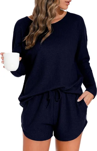 Vista 11 de PrinStory Conjunto de pijama para mujer, de punto gofre, tallas S-4XL Negro