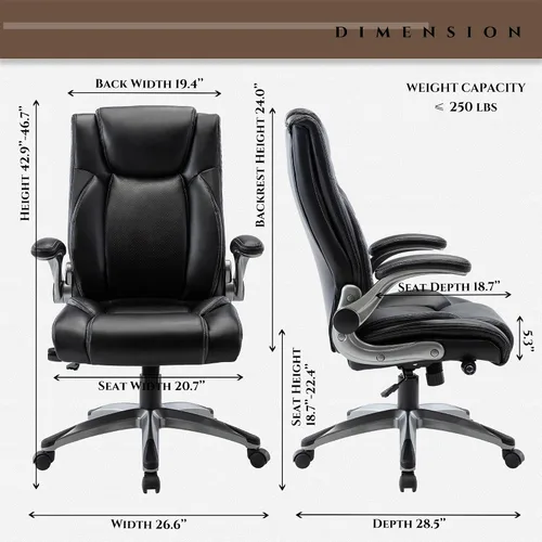 Vista 3 de COLAMY Silla Ergonómica de Oficina Ejecutiva con Cuero Sintético Grueso, Reposabrazos Abatibles, Respaldo Alto Ajustable en Altura e Inclinación
