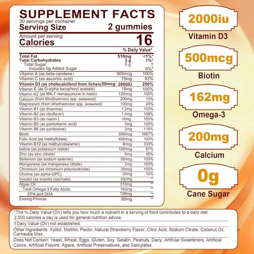 Vista 2 de Gomitas multivitamínicas para mujer con Omega 3 (DHA/EPA), vitamina D3 K2, calcio, inositol, complejo diario de vitamina A C E B, L-metilfolato