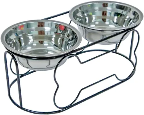 Vista 2 de YML Soporte de hierro forjado de 5 pulgadas con pequeño tazón de alimentador doble de acero inoxidable