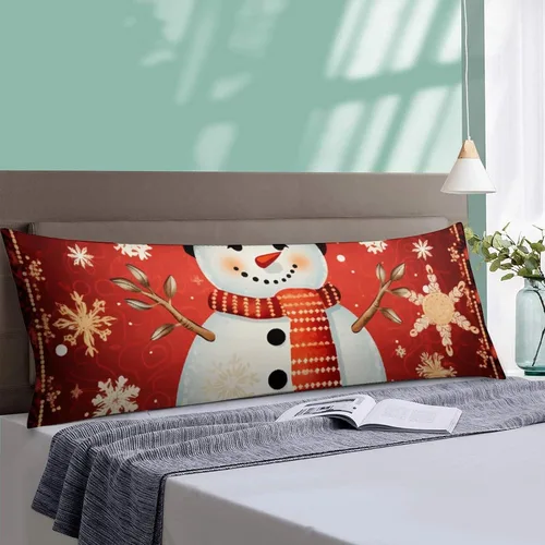 Vista 4 de Funda de almohada corporal con encanto, muñeco de nieve, copo de nieve, primera Navidad en rojo, funda de almohada larga con cremallera