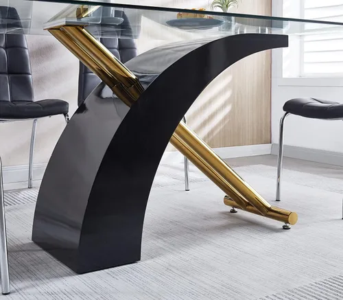 Vista 8 de Mesa de comedor moderna de cristal para 6, mesa rectangular de cocina de 63 pulgadas con mesa de vidrio templado y base de pedestal de madera, base