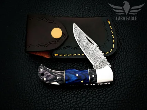 Vista 8 de Cuchillo de bolsillo de damasco Lara Eagle para hombres - Cuchillo plegable de caza de 133 capas de acero sólido hecho a mano con afilador y funda