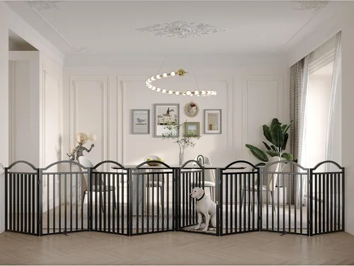 Vista 6 de BHG Puerta independiente de metal para perros sin ensamblaje con puerta a través, extra ancha de 80 pulgadas, puerta extra alta para mascotas de 30