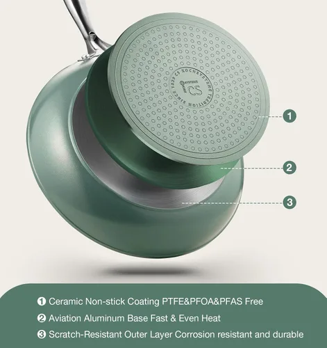 Vista 5 de KOCH SYSTEME CS Sartén antiadherente de 10 pulgadas con tapa, sartén de cerámica antiadherente con mango de acero inoxidable que se mantiene fresco