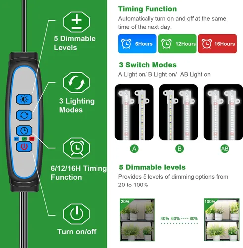 Vista 4 de Wiaxulay Luces de cultivo para plantas de interior de espectro completo, 120 luces LED de cultivo de plantas con temporizador de encendido/apagado