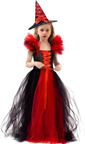 Vista 4 de Camlinbo Halloween Witch Dress with Hat for Girls Dress Up Party Halloween Witch Costumes for Girls 3-10 Years