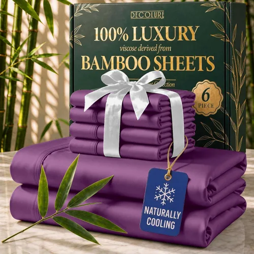 Vista 19 de DECOLURE Sábanas de Viscosa 100% Derivada de Bambú Tamaño Full - Juego de Sábanas de Lujo de 6 Piezas Naturalmente Refrescantes, Ultra Suaves Negro