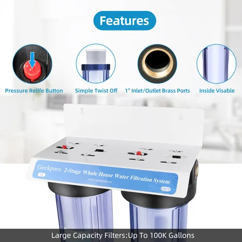 Vista 4 de Geekpure Sistema de filtro de agua para toda la casa de 2 etapas con carcasa de filtro transparente grande de 20 pulgadas -1 pulgada NPT