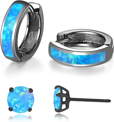 Vista 180 de CiNily Aretes Huggie de ópalo con bisagras, chapados en oro, hipoalergénicos, pequeños aretes de aro para mujeres, adolescentes, niñas, hombres