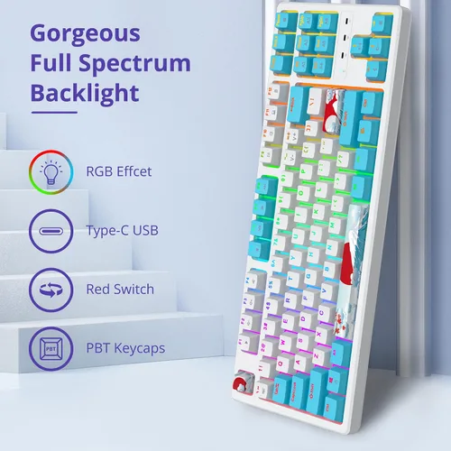 Vista 2 de TKL - Teclado mecánico 75%, 87 teclas RGB retroiluminado, teclado compacto con cable con interruptores rojos para Windows, laptop, PC, PS4, PS5