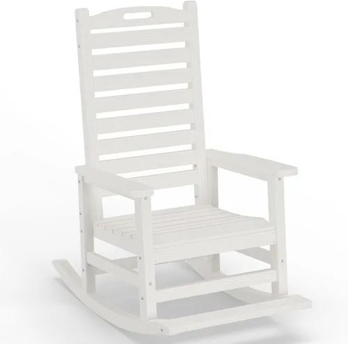 Vista 11 de PLUUV Silla mecedora de exterior con reposapiés extraíble para adultos, sillas mecedoras de patio de respaldo alto HDPE, sillas mecedoras de porche