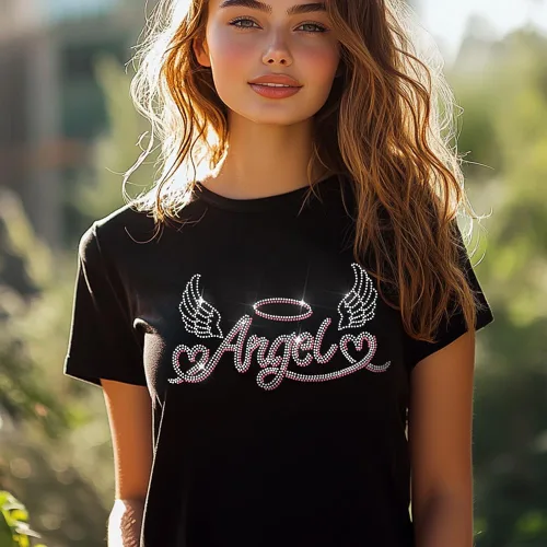 Vista 6 de MAYJOYDIY Alas de transferencia termoadhesivas con texto de ángel con diamantes de imitación, parches de reparación de ropa, apliques de amor
